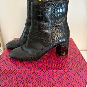 Tory Burch Croc-Embossed Ankle Booties